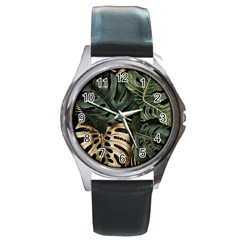 Tropical Leaves Foliage Monstera Nature Home Art Round Metal Watch by Jancukart