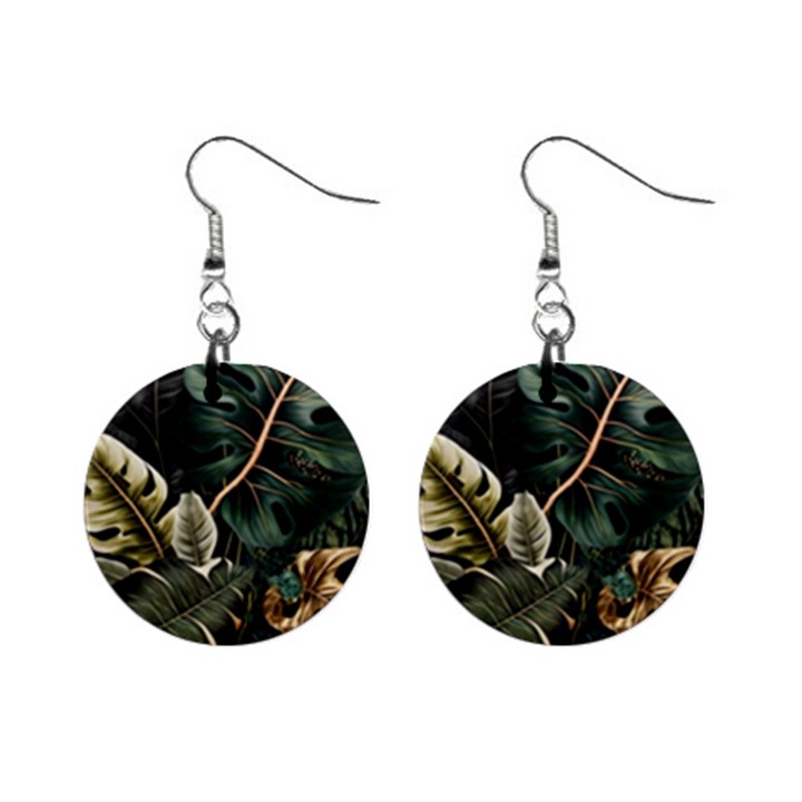 Tropical Leaves Foliage Monstera Nature Home Pattern Mini Button Earrings