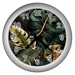 Tropical Leaves Foliage Monstera Nature Home Pattern Wall Clock (silver)