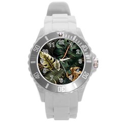 Tropical Leaves Foliage Monstera Nature Home Pattern Round Plastic Sport Watch (l)