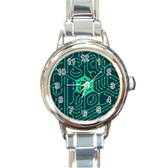 Circuit Hexagonal Geometric Pattern Background Green Round Italian Charm Watch by Jancukart