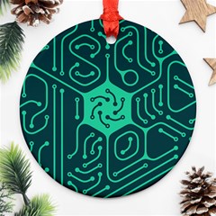 Circuit Hexagonal Geometric Pattern Background Green Ornament (round)