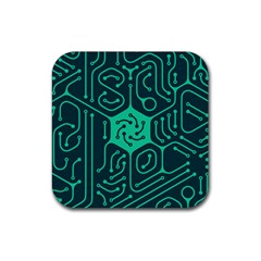 Circuit Hexagonal Geometric Pattern Background Green Rubber Coaster (square)