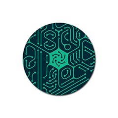 Circuit Hexagonal Geometric Pattern Background Green Rubber Coaster (round)