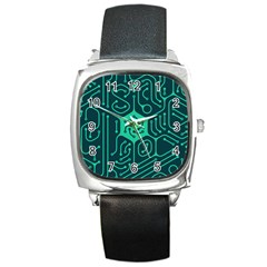 Circuit Hexagonal Geometric Pattern Background Green Square Metal Watch