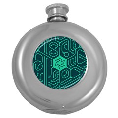 Circuit Hexagonal Geometric Pattern Background Green Round Hip Flask (5 Oz)