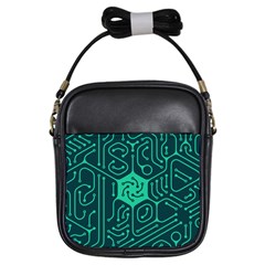 Circuit Hexagonal Geometric Pattern Background Green Girls Sling Bag