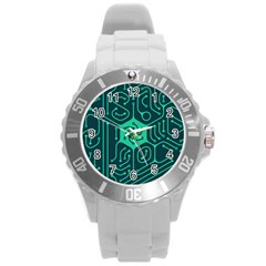 Circuit Hexagonal Geometric Pattern Background Green Round Plastic Sport Watch (l)