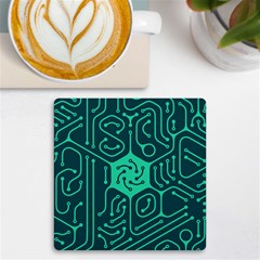 Circuit Hexagonal Geometric Pattern Background Green Uv Print Square Tile Coaster 