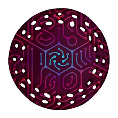 Circuit Hexagonal Geometric Pattern Background Purple Round Filigree Ornament (two Sides)