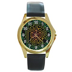 Circuit Hexagonal Geometric Pattern Background Pattern Round Gold Metal Watch by Jancukart