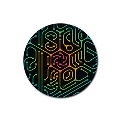 Circuit Hexagonal Geometric Pattern Background Pattern Rubber Coaster (round) by Jancukart