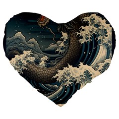 Sea Dragon Kanagawa Sea Monster Large 19  Premium Heart Shape Cushions by Jancukart