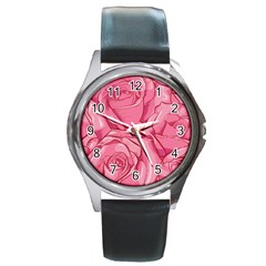 Pink Roses Pattern Floral Patterns Round Metal Watch by Jancukart