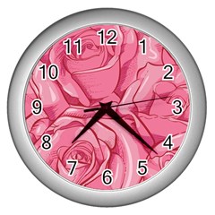 Pink Roses Pattern Floral Patterns Wall Clock (silver) by Jancukart