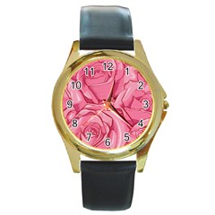 Pink Roses Pattern Floral Patterns Round Gold Metal Watch