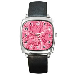 Pink Roses Pattern Floral Patterns Square Metal Watch