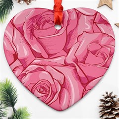 Pink Roses Pattern Floral Patterns Heart Ornament (two Sides)