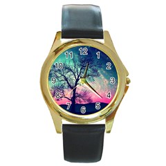 Tree Abstract Field Galaxy Night Nature Round Gold Metal Watch by Jancukart