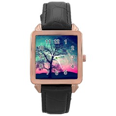 Tree Abstract Field Galaxy Night Nature Rose Gold Leather Watch  by Jancukart