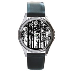 Trees Forest Woods Woodland Trunk Round Metal Watch by Jancukart