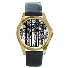 Trees Forest Woods Woodland Trunk Round Gold Metal Watch by Jancukart