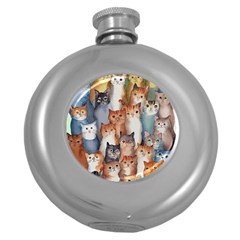 Cats Watercolor Pet Animal Mammal Round Hip Flask (5 Oz)