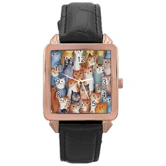 Cats Watercolor Pet Animal Mammal Rose Gold Leather Watch 