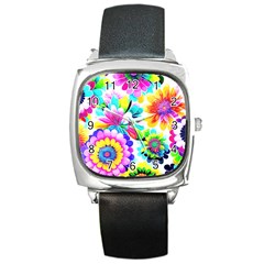 Flower Floral Flora Dais Rose Square Metal Watch