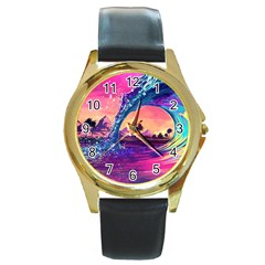 Retro Wave Ocean Round Gold Metal Watch by Semog4