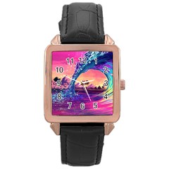 Retro Wave Ocean Rose Gold Leather Watch  by Semog4