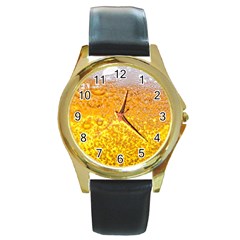 Texture Pattern Macro Glass Of Beer Foam White Yellow Bubble Round Gold Metal Watch by Semog4