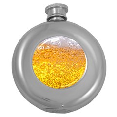 Texture Pattern Macro Glass Of Beer Foam White Yellow Bubble Round Hip Flask (5 Oz) by Semog4