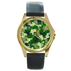 Green Military Background Camouflage Round Gold Metal Watch by Semog4