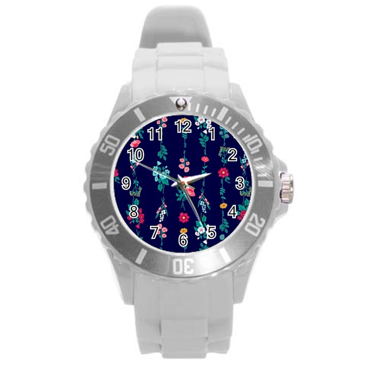 Flowers Pattern Bouquets Colorful Round Plastic Sport Watch (L)