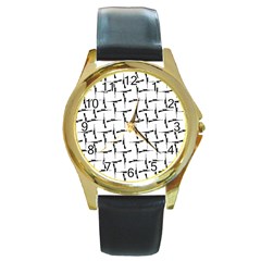 Precision Pursuit: Hunting Motif Black And White Pattern Round Gold Metal Watch by dflcprintsclothing