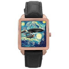 Star Trek Starship The Starry Night Van Gogh Rose Gold Leather Watch  by Semog4