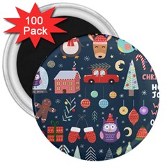 Vector Set Cute Christmas Elements Santa-penguin Deer Bear Fox Owl Trees Snowman Bird Angel More 3  Magnets (100 Pack) by Semog4