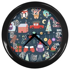 Vector Set Cute Christmas Elements Santa-penguin Deer Bear Fox Owl Trees Snowman Bird Angel More Wall Clock (black) by Semog4