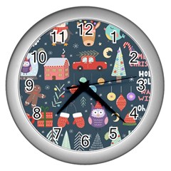 Vector Set Cute Christmas Elements Santa Penguin Deer Bear Fox Owl Trees Snowman Bird Angel More Wall Clock (silver) by Semog4