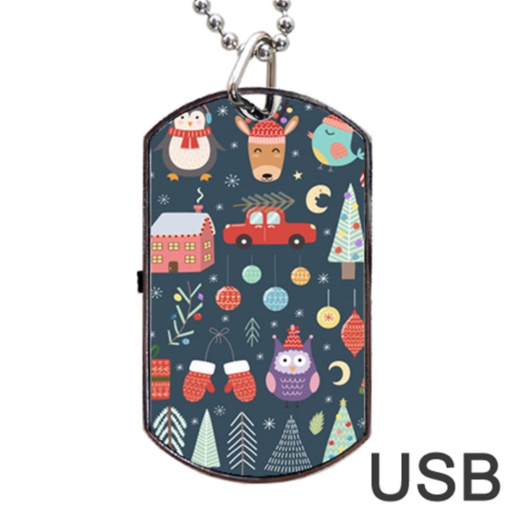 Vector Set Cute Christmas Elements Santa Penguin Deer Bear Fox Owl Trees Snowman Bird Angel More Dog Tag USB Flash (One Side)