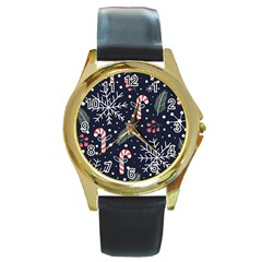 Holiday Seamless Pattern With Christmas Candies Snoflakes Fir Branches Berries Round Gold Metal Watch by Semog4