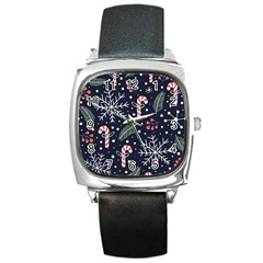 Holiday Seamless Pattern With Christmas Candies Snoflakes Fir Branches Berries Square Metal Watch by Semog4