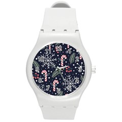 Holiday Seamless Pattern With Christmas Candies Snoflakes Fir Branches Berries Round Plastic Sport Watch (m) by Semog4