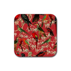 Vintage Tropical Birds Pattern In Pink Rubber Coaster (square)