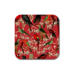 Vintage Tropical Birds Pattern In Pink Rubber Square Coaster (4 Pack) by CCBoutique