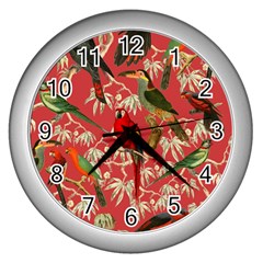 Vintage Tropical Birds Pattern In Pink Wall Clock (silver) by CCBoutique