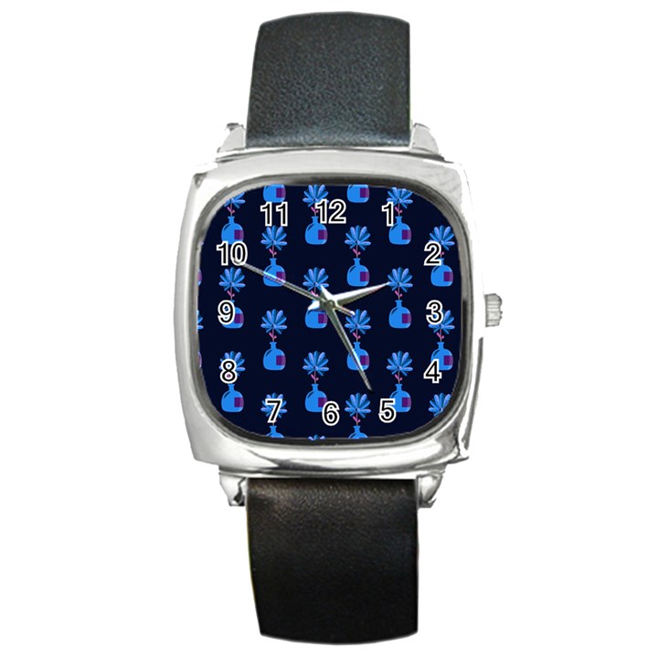 Flower Vase Pattern Square Metal Watch