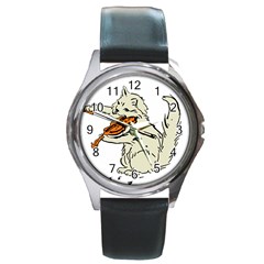 Cat Playing The Violin Art Round Metal Watch