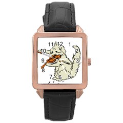 Cat Playing The Violin Art Rose Gold Leather Watch 